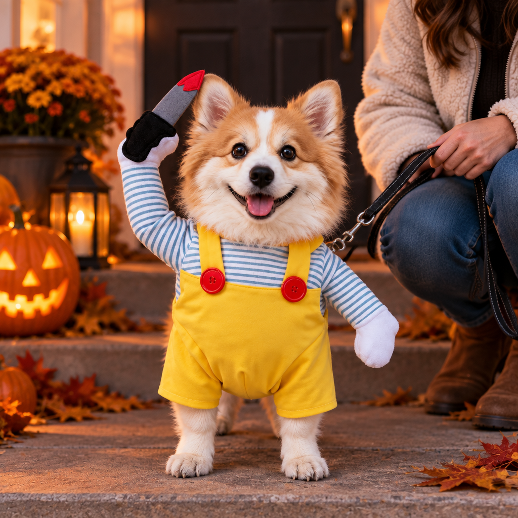 Tailwise Horror Doll Dog Costume with Faux Knife