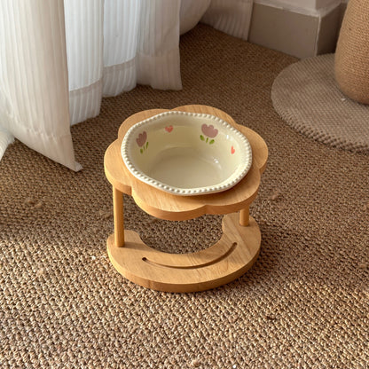 Elevated Ceramic Pet Bowl with Wooden Stand