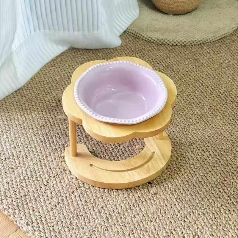 Elevated Ceramic Pet Bowl with Wooden Stand