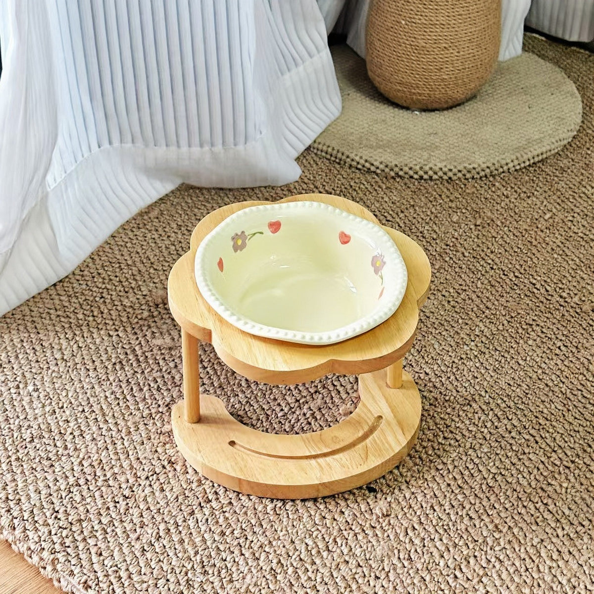 Elevated Ceramic Pet Bowl with Wooden Stand