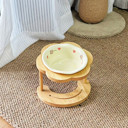 Elevated Ceramic Pet Bowl with Wooden Stand