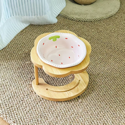 Elevated Ceramic Pet Bowl with Wooden Stand