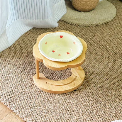 Elevated Ceramic Pet Bowl with Wooden Stand