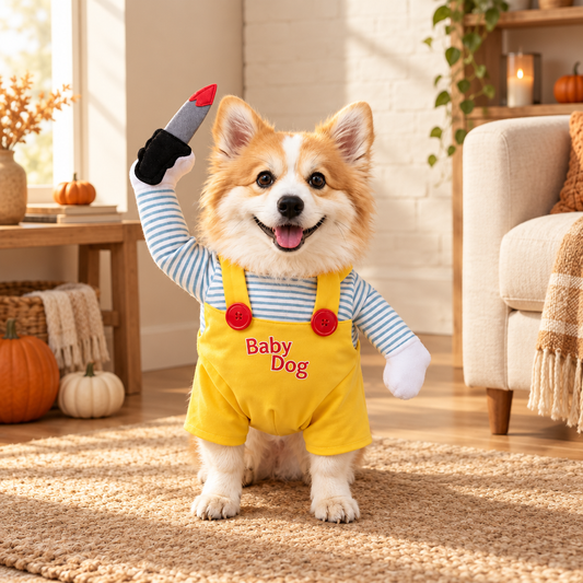 Horror Doll Dog Costume with Faux Knife