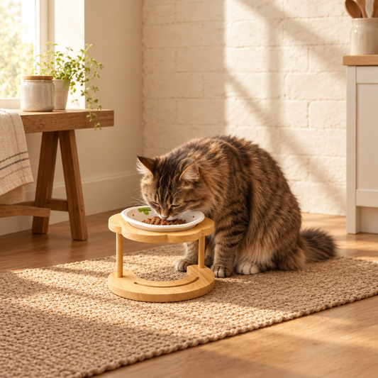 Elevated Ceramic Pet Bowl with Wooden Stand