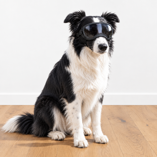 Border collie wearing Tailwise dog goggles