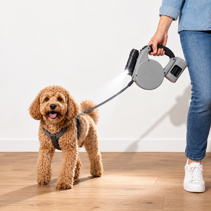3-in-1 Retractable Dog Leash with Flashlight & Poop Bag Holder