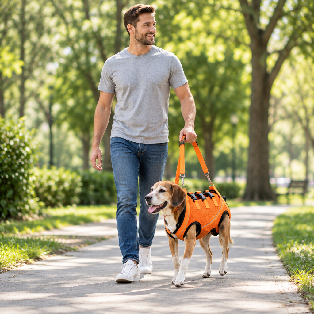 Dog walking in the Tailwise full-body lift harness