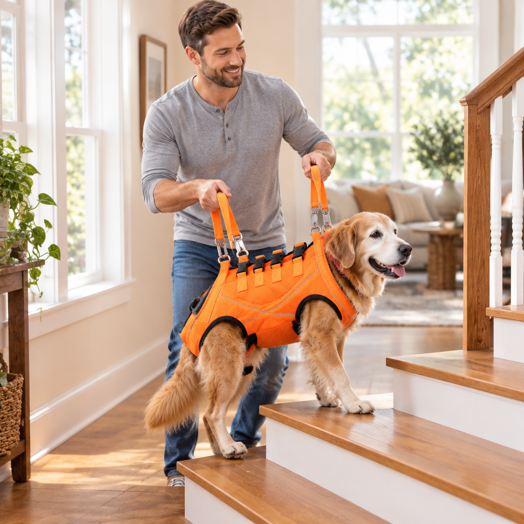 Senior dog wearing the Tailwise lift harness on stairs