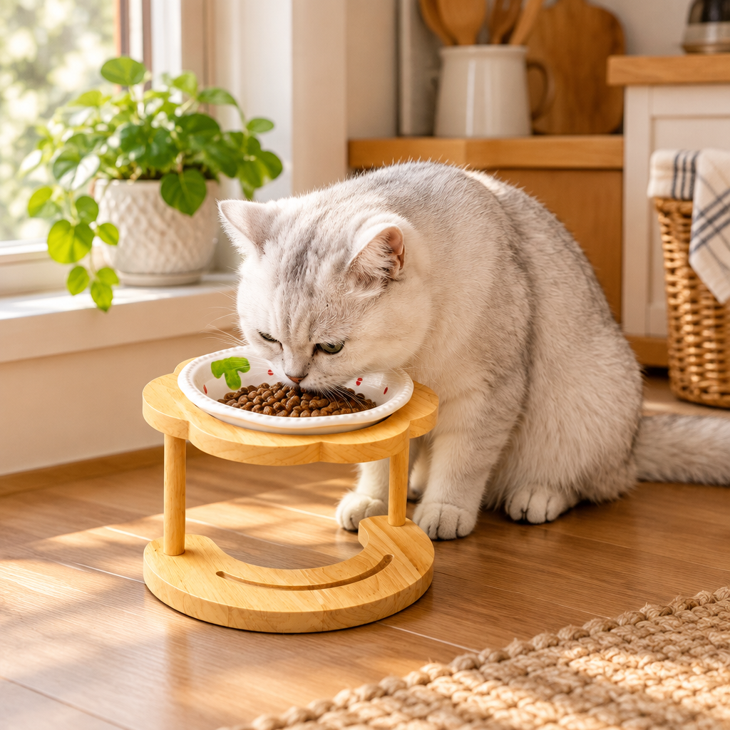 Tailwise Elevated Ceramic Pet Bowl with Wooden Stand