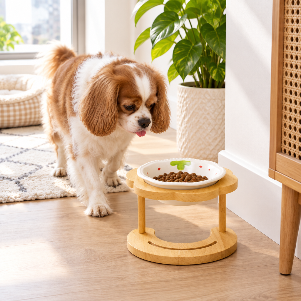 Tailwise Elevated Ceramic Pet Bowl with Wooden Stand