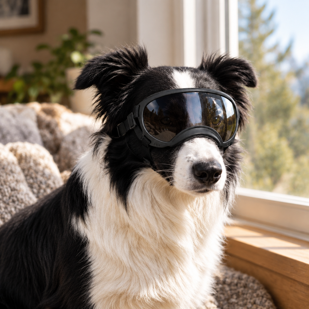 Dog wearing Tailwise goggles indoors