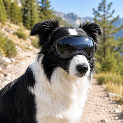Dog wearing Tailwise goggles on a mountain trail