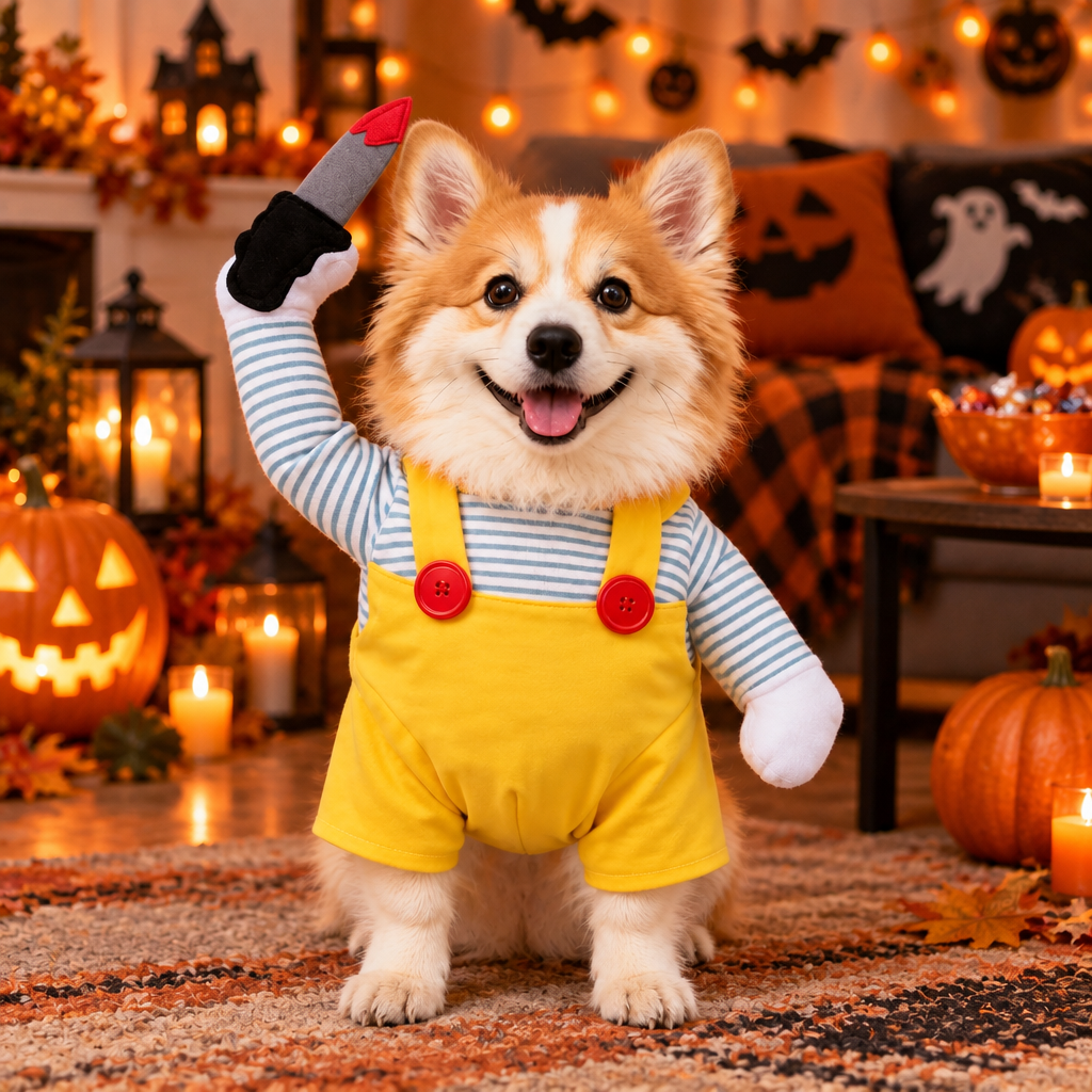 Tailwise Horror Doll Dog Costume with Faux Knife